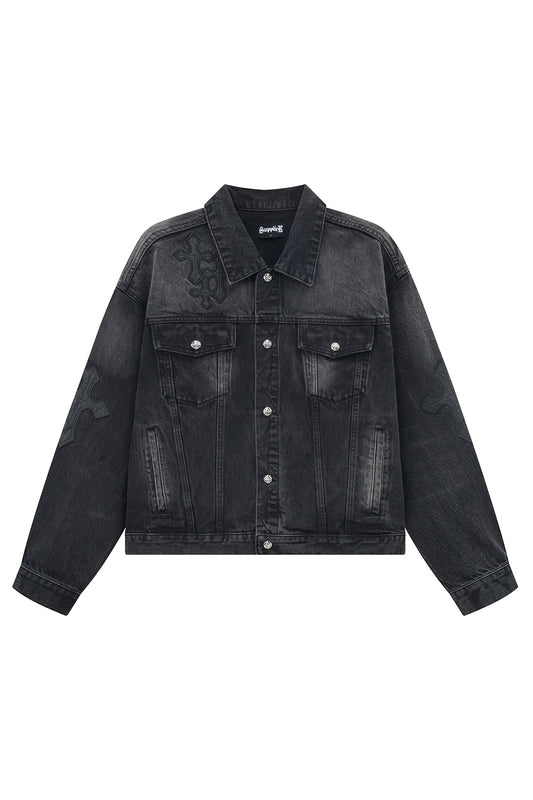 Multiple Cross Leather Patch Denim Jacket
