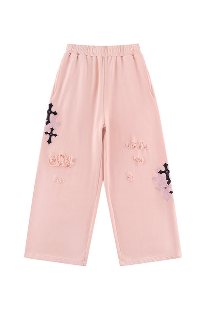 Multiple Cross Leather Patch Loose Fit Sweat Pants