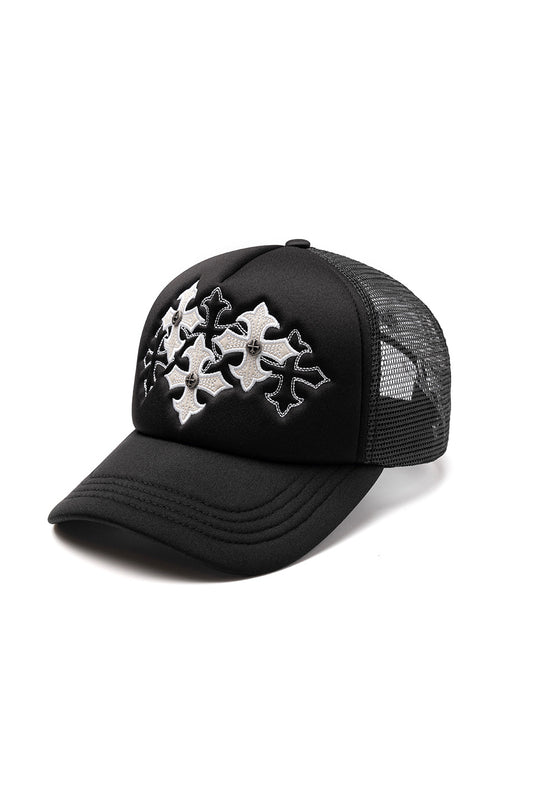 Multiple Cross Leather Patch Mesh Cap