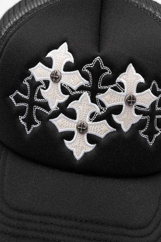 Multiple Cross Leather Patch Mesh Cap