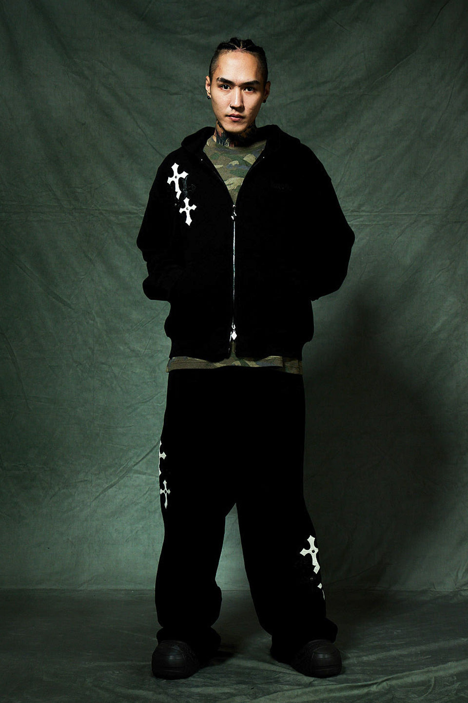 Multiple Cross Leather Patch Thermal Zip Hoodie