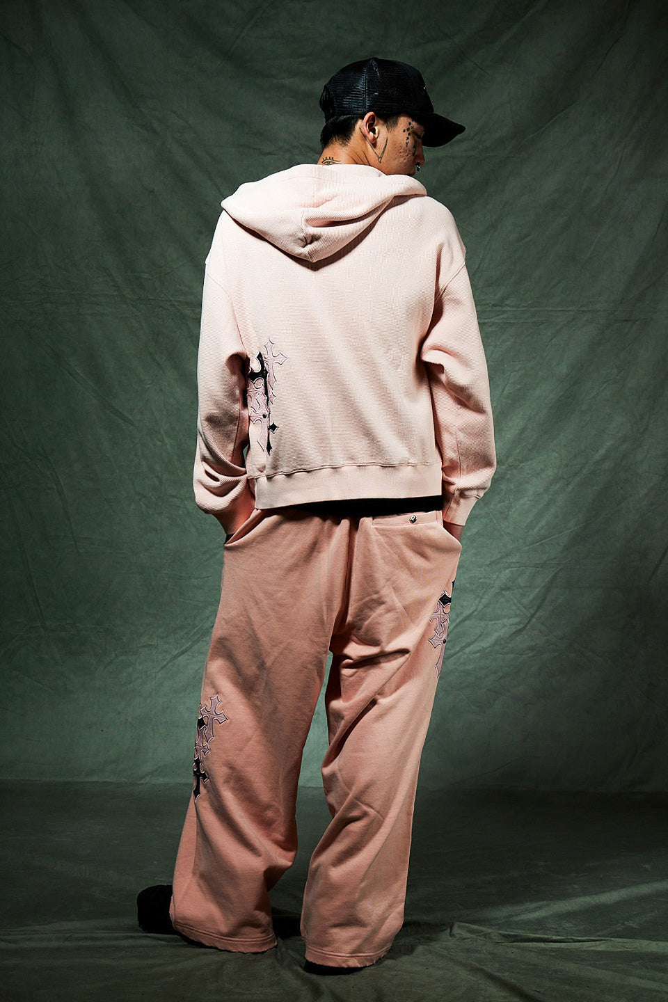Multiple Cross Leather Patch Thermal Zip Hoodie