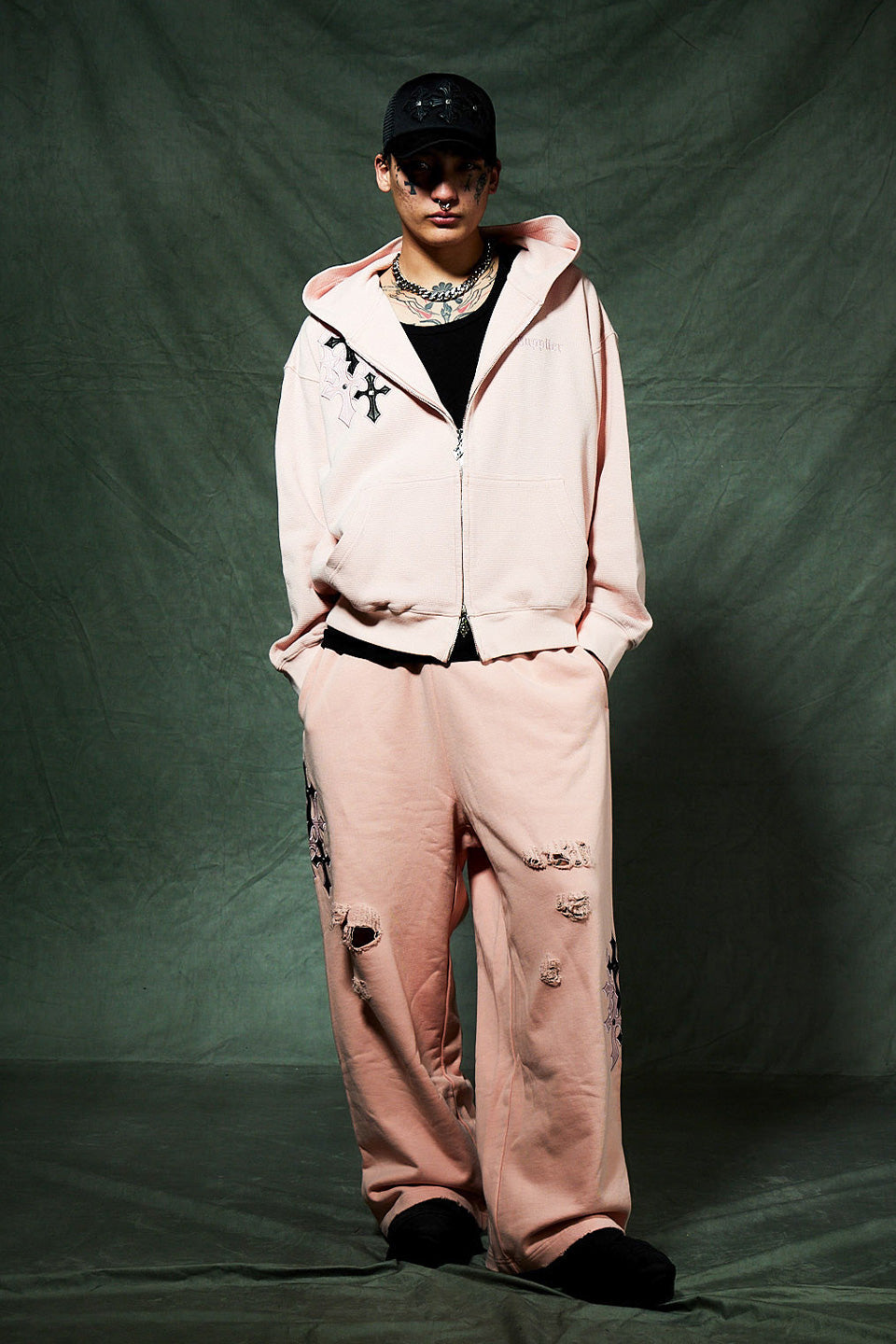 Multiple Cross Leather Patch Thermal Zip Hoodie
