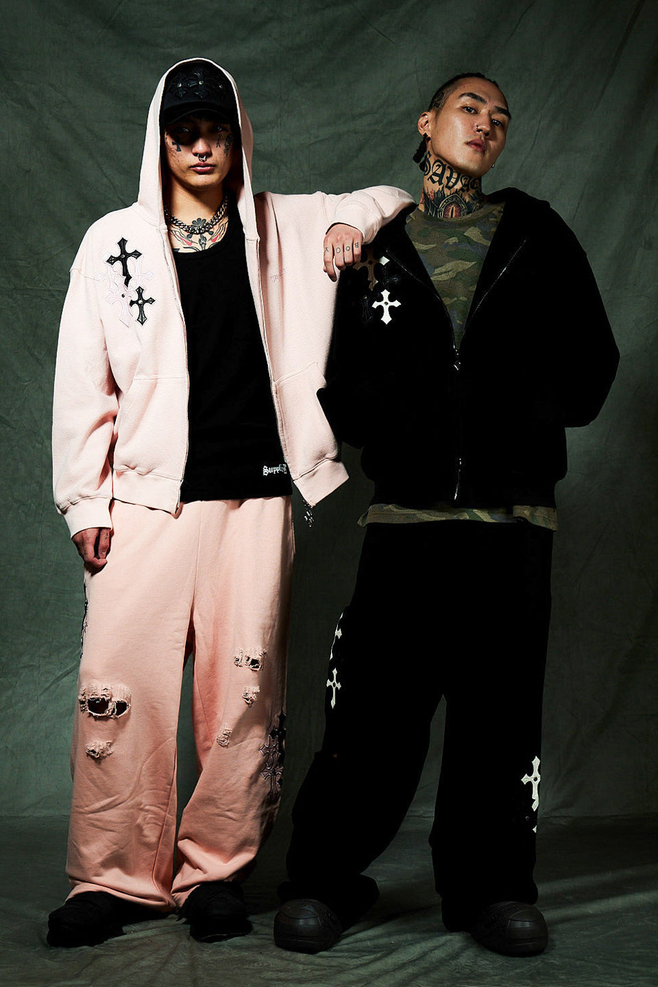 Multiple Cross Leather Patch Thermal Zip Hoodie