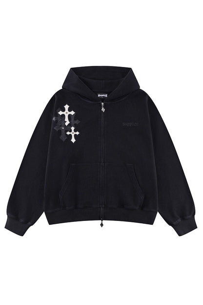 Multiple Cross Leather Patch Thermal Zip Hoodie