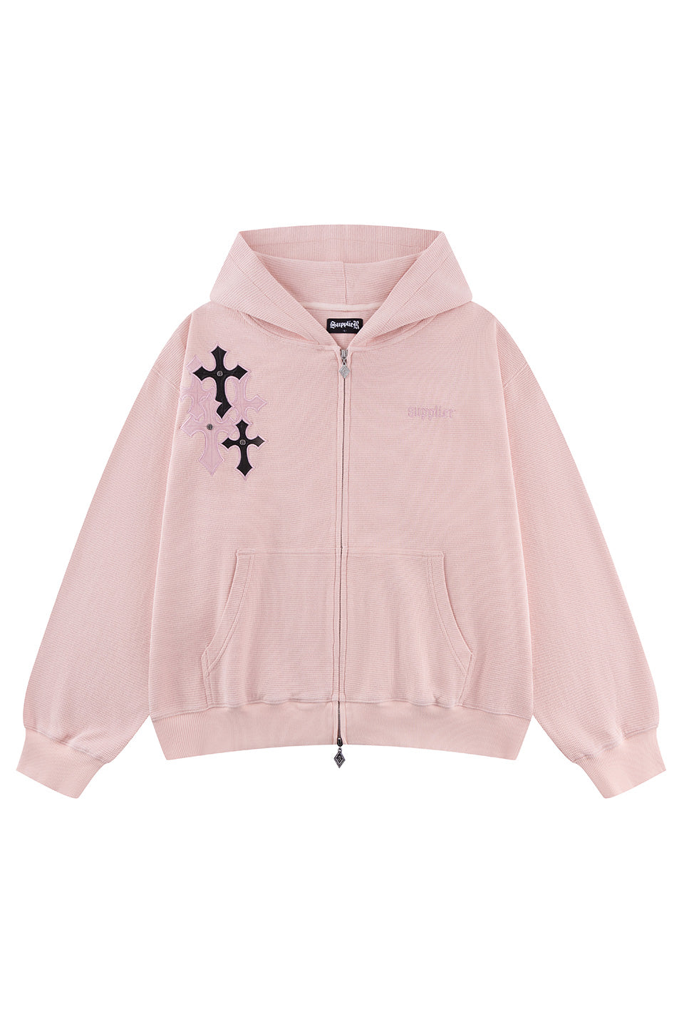 Multiple Cross Leather Patch Thermal Zip Hoodie