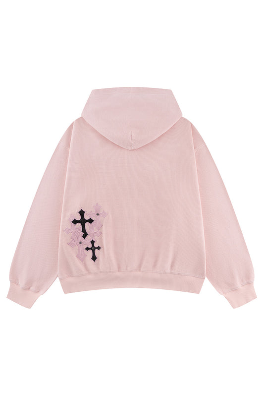 Multiple Cross Leather Patch Thermal Zip Hoodie