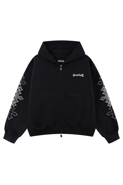Multiple Cross Leather Patch Zip Hoodie