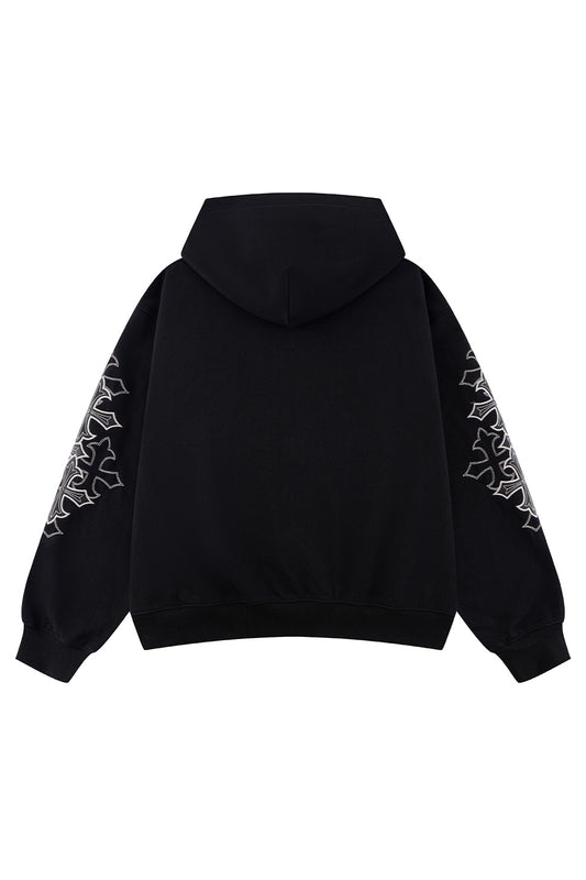Multiple Cross Leather Patch Zip Hoodie
