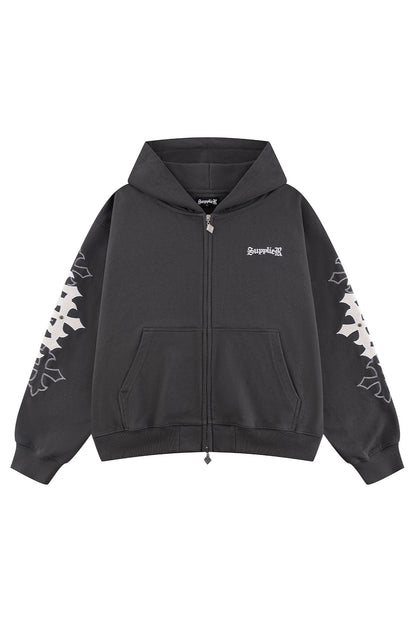 Multiple Cross Leather Patch Zip Hoodie
