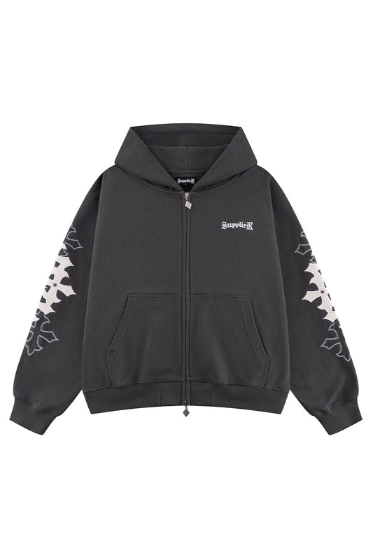 Multiple Cross Leather Patch Zip Hoodie