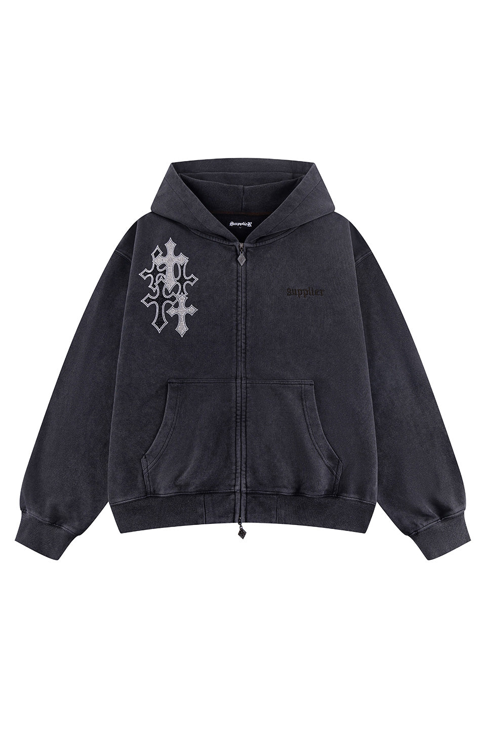 Multiple Cross Rhinestone Zip Hoodie