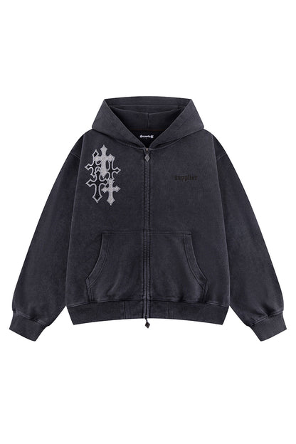 Multiple Cross Rhinestone Zip Hoodie