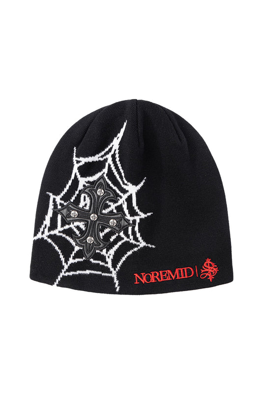 Noremid X Supplier Spider Web Cross Leather Patch Beanie