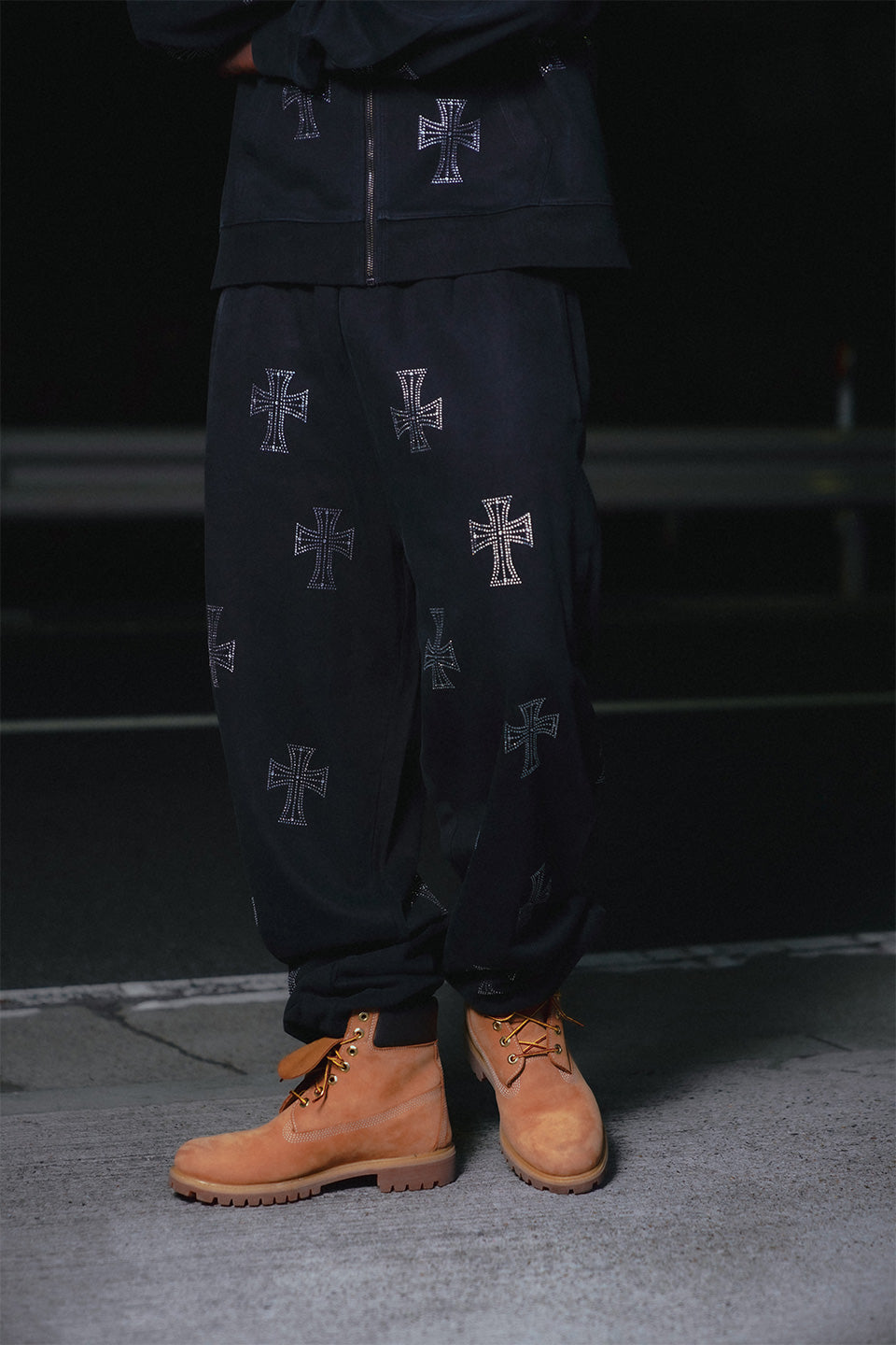 Outline Cross Rhinestone Sweat Pants