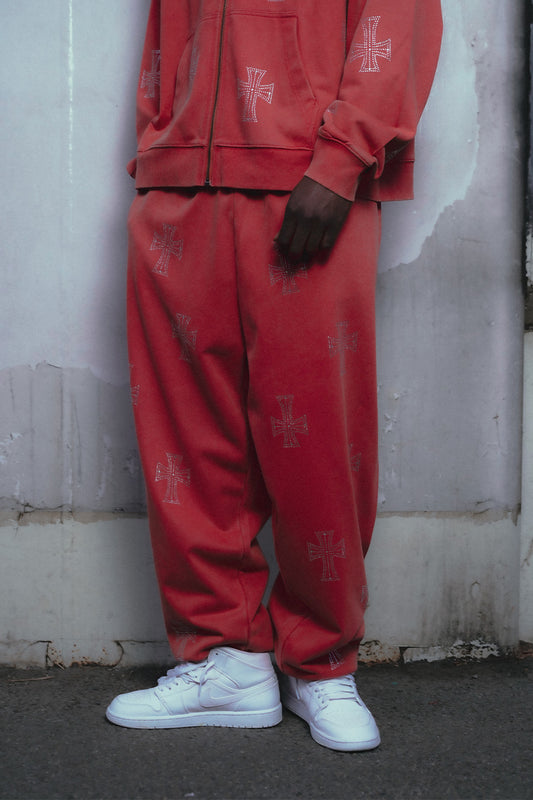 Outline Cross Rhinestone Sweat Pants