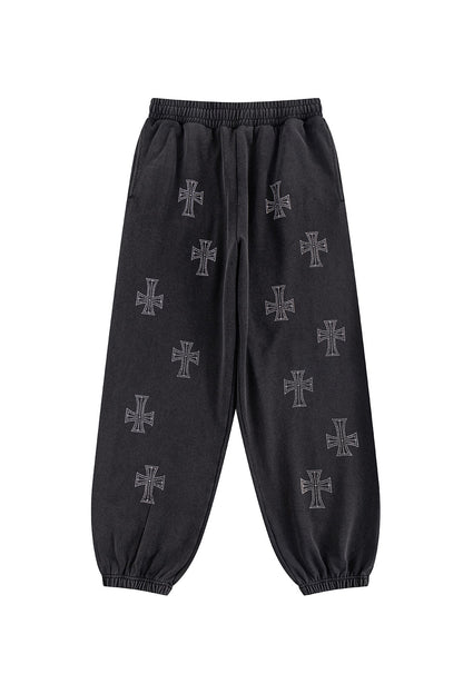 Outline Cross Rhinestone Sweat Pants