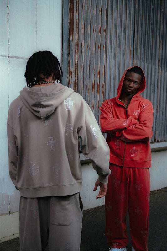 Outline Cross Rhinestone Zip Hoodie