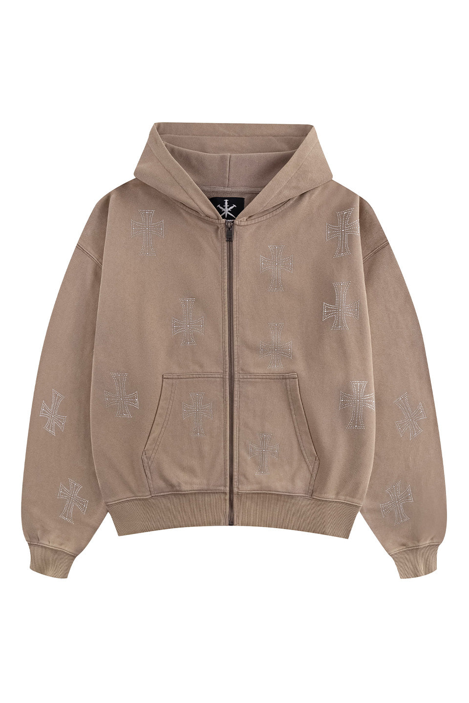 Outline Cross Rhinestone Zip Hoodie