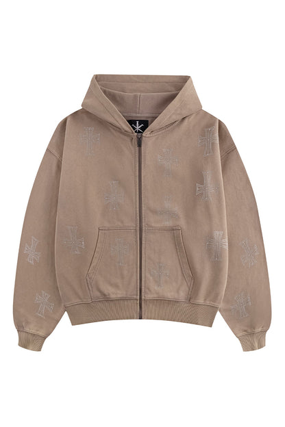 Outline Cross Rhinestone Zip Hoodie