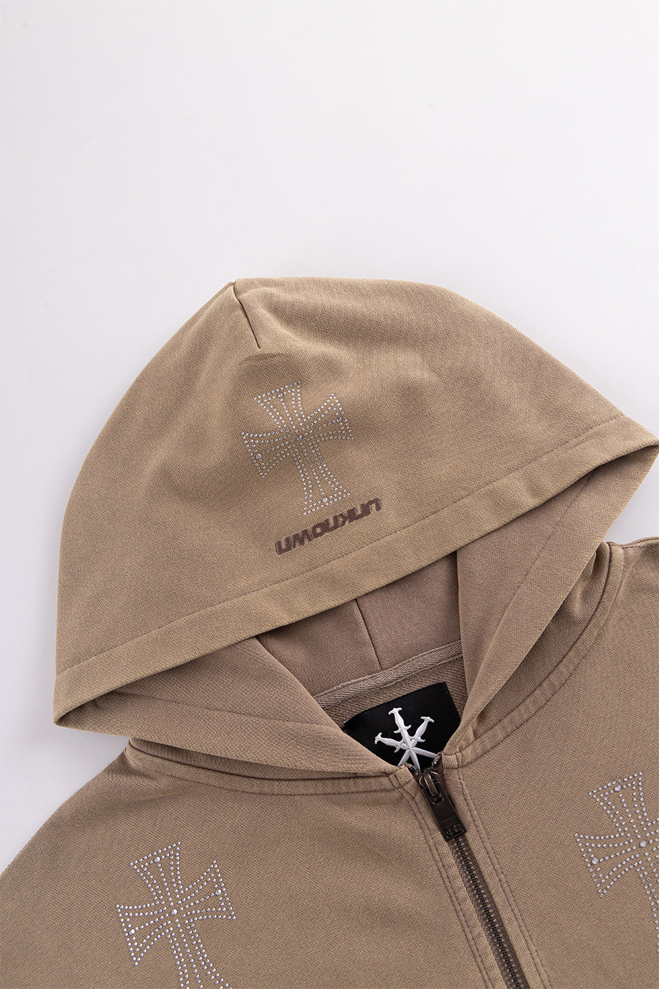 Outline Cross Rhinestone Zip Hoodie