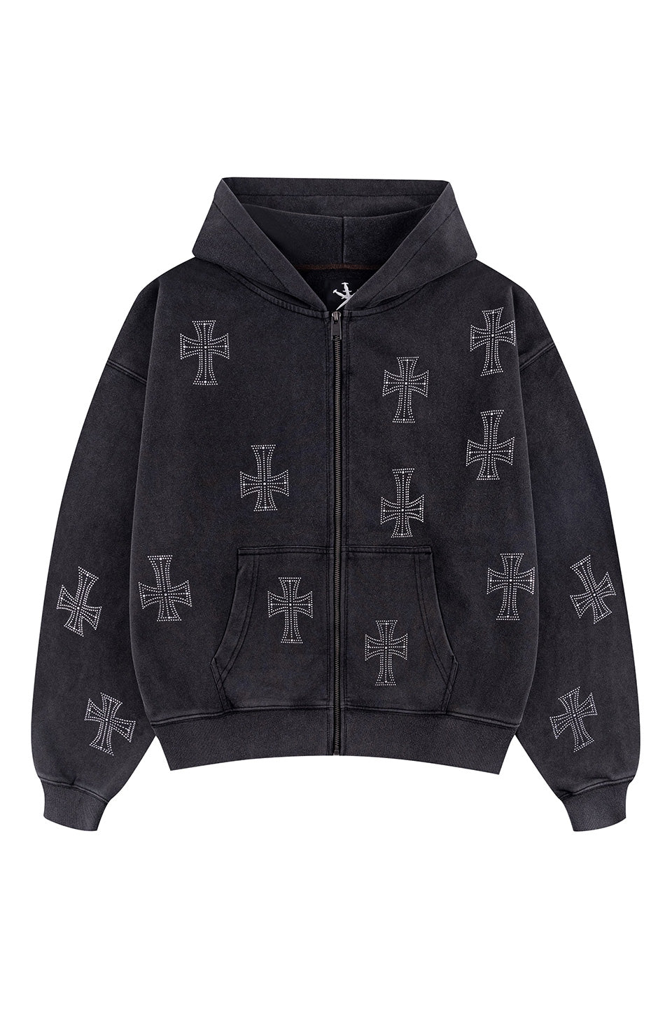 Outline Cross Rhinestone Zip Hoodie