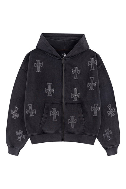 Outline Cross Rhinestone Zip Hoodie