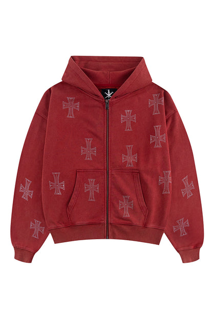 Outline Cross Rhinestone Zip Hoodie