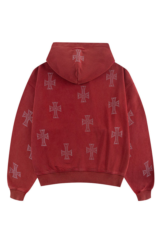Outline Cross Rhinestone Zip Hoodie