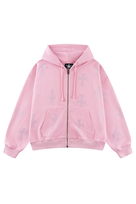 Pink Allover Cross Rhinestone Zip Hoodie