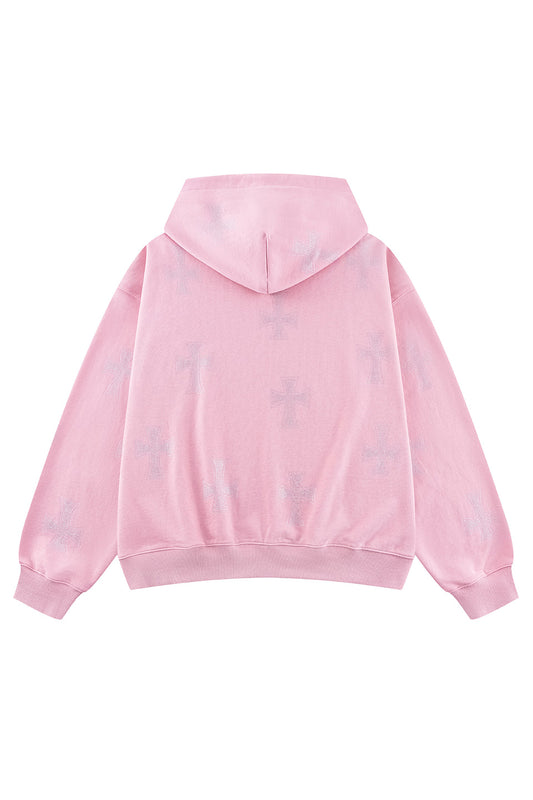 Pink Allover Cross Rhinestone Zip Hoodie