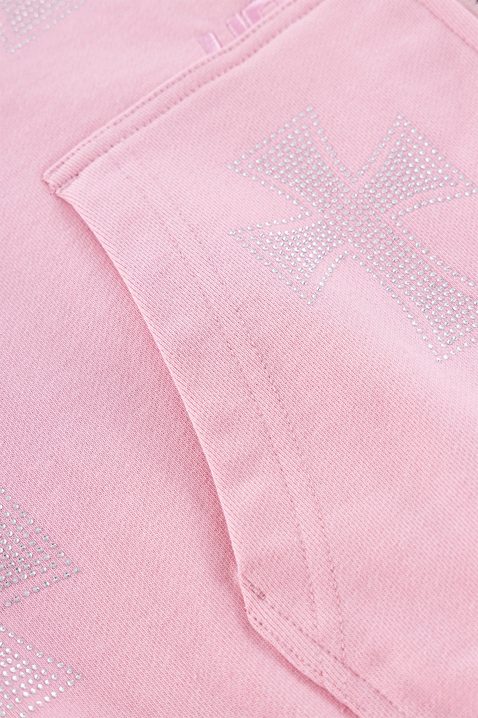 Pink Allover Cross Rhinestone Zip Hoodie