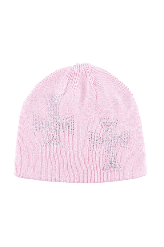 Pink X Silver Cross Rhinestone Beanie
