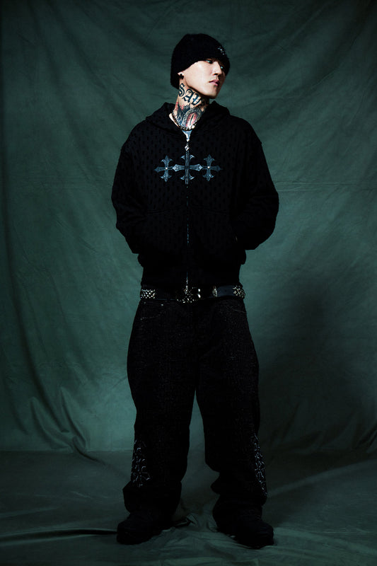 Punched-Out Double Layer Hood Zip Up