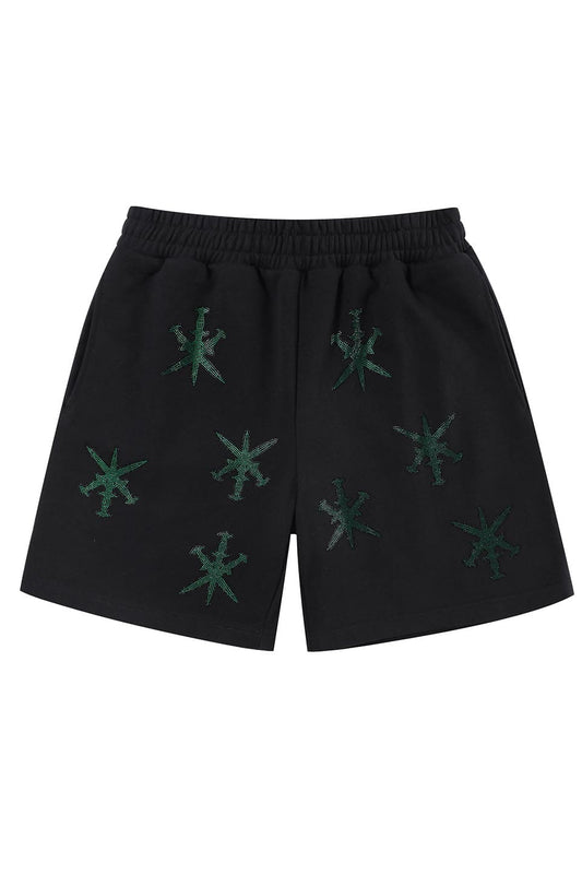 Black With Green Dagger Rhinestone Shorts