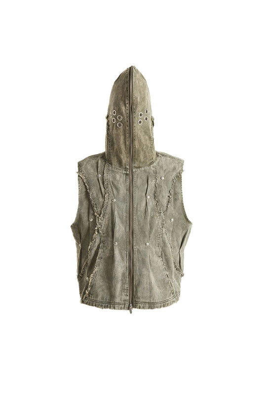 Eclipse Of The Blood Moon Brushed Texture Denim Hooded Vest