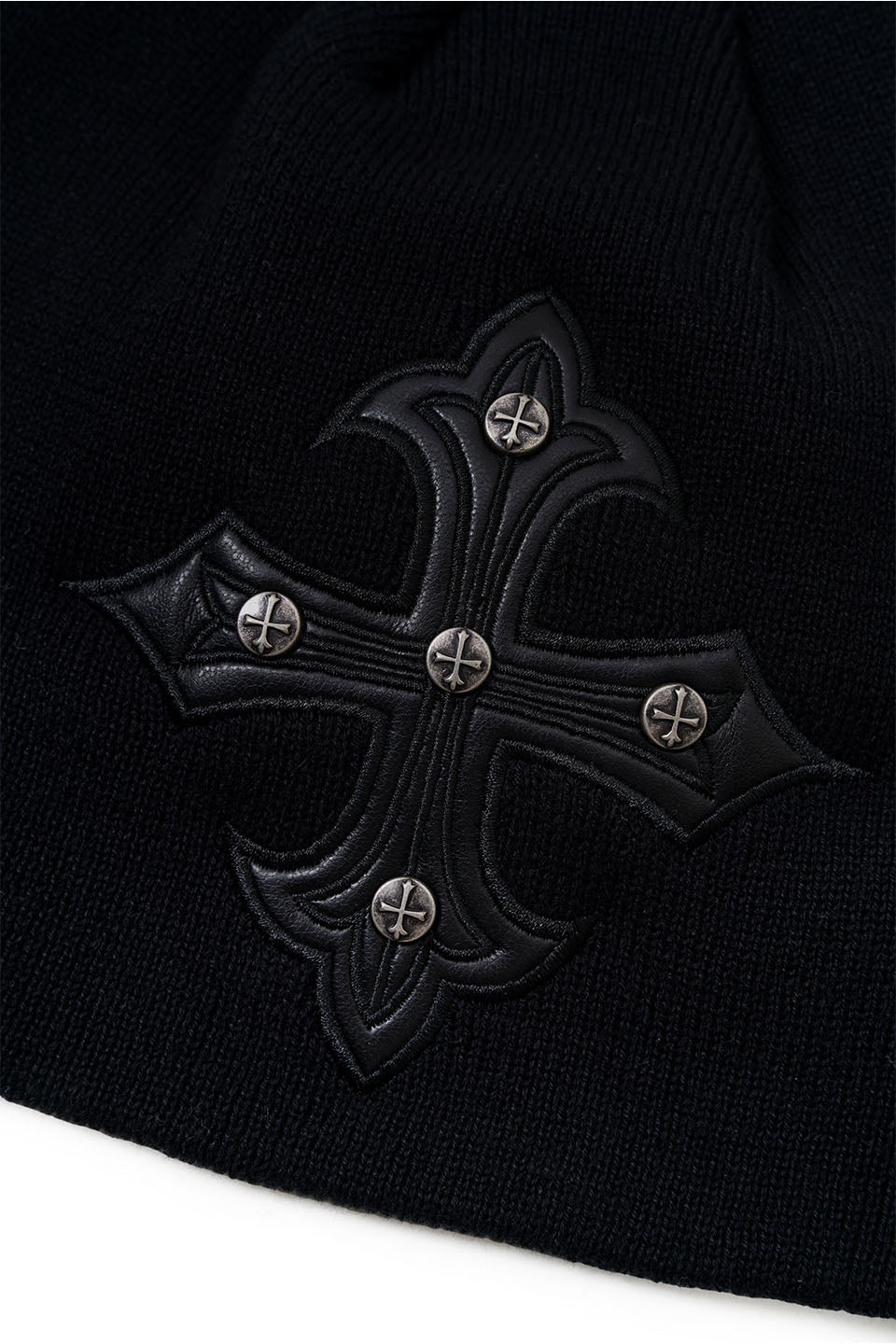 Cross Leather Patch Brim Knit Beanie