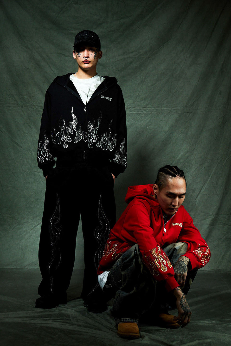 Fire Pattern Rhinestone Zip Hoodie｜SUPPLIER｜フーディー