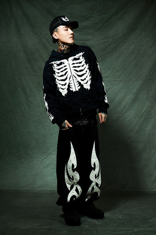 【一部予約販売】Fire Bones Leather Patch Zip Hoodie