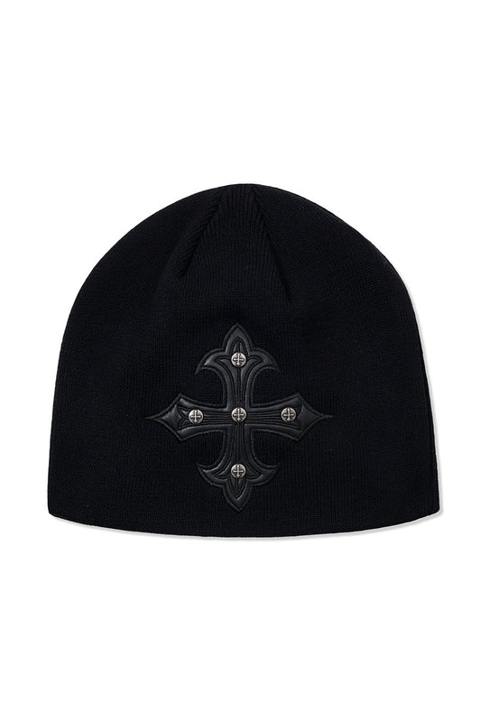 Cross Leather Patch Brim Knit Beanie