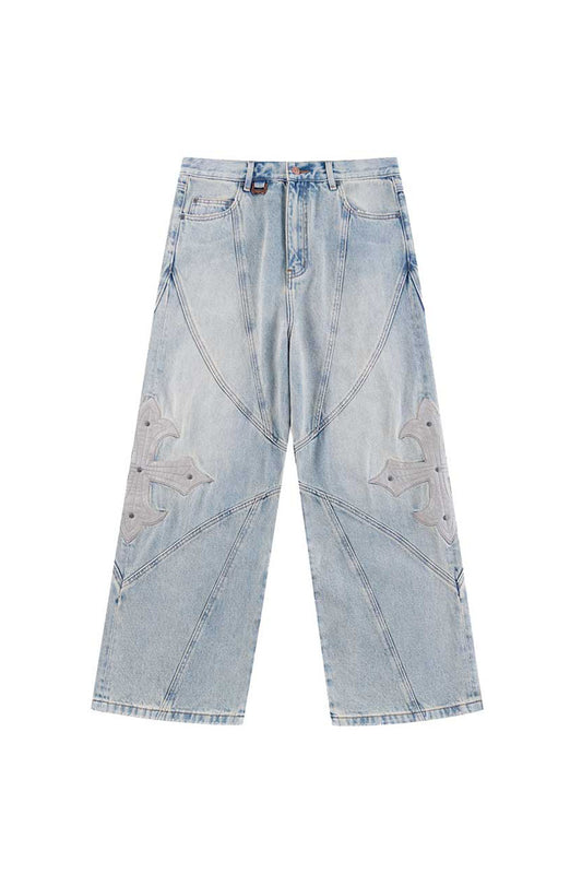 【予約商品】Cross Leather Patch Baggy Denim Pants【9月下旬~10月上旬お届け】