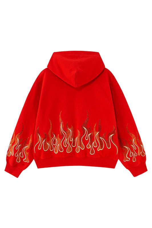 Fire Pattern Rhinestone Zip Hoodie