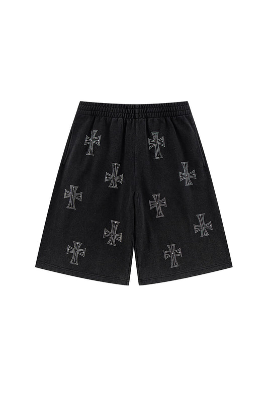 Outline Cross Rhinestone Baggy Sweat Shorts