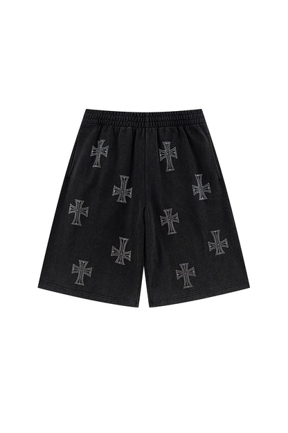Outline Cross Rhinestone Baggy Sweat Shorts