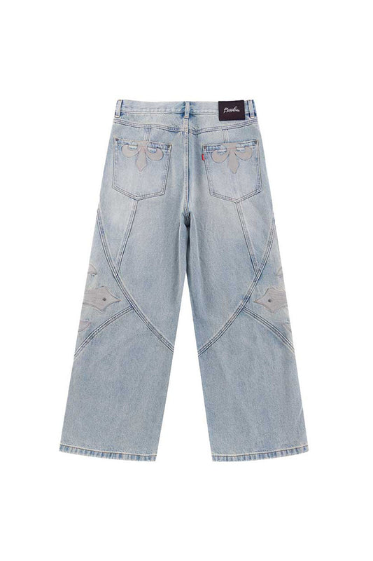 Cross Leather Patch Baggy Denim Pants