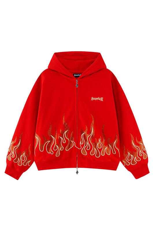 Fire Pattern Rhinestone Zip Hoodie