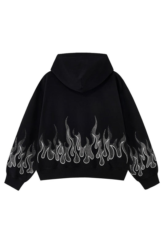 Fire Pattern Rhinestone Zip Hoodie