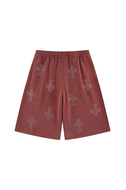 Outline Cross Rhinestone Baggy Sweat Shorts