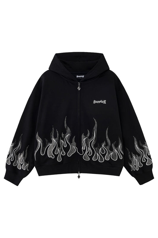 Fire Pattern Rhinestone Zip Hoodie