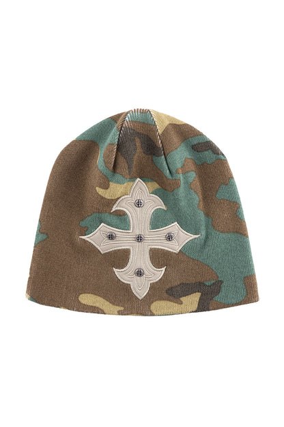 Camouflage Cross Leather Patch Beanie